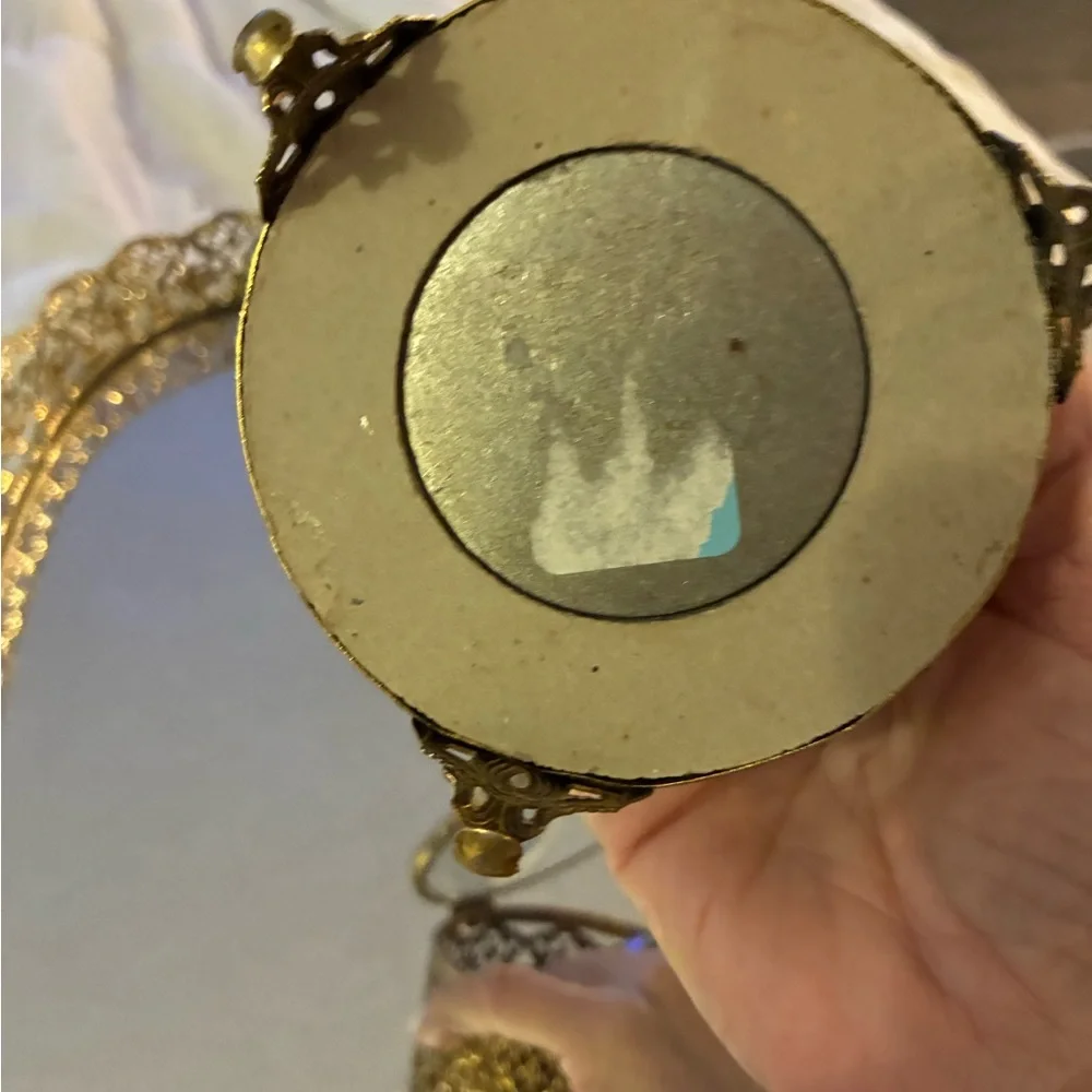 Vtg Gold Metal & Glass Footed Jewelry Box Hinged vanity W Smaller Box & Mirror
